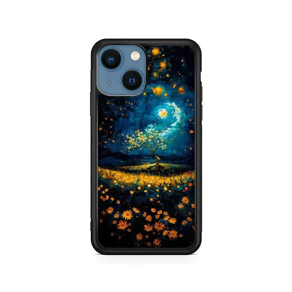 Starry Night Blossoms Painting iPhone 13 Mini Case-Rubber / Black (2D Case)-Xtracase