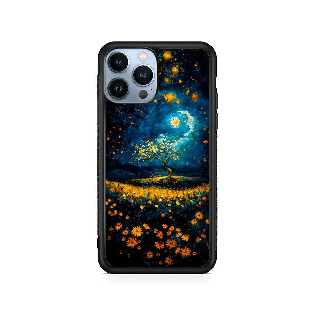 Starry Night Blossoms Painting iPhone 13 Pro Case-Rubber / Black (2D Case)-Xtracase
