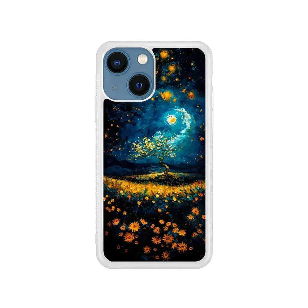 Starry Night Blossoms Painting iPhone 13 Mini Case-Rubber / White (2D Case)-Xtracase