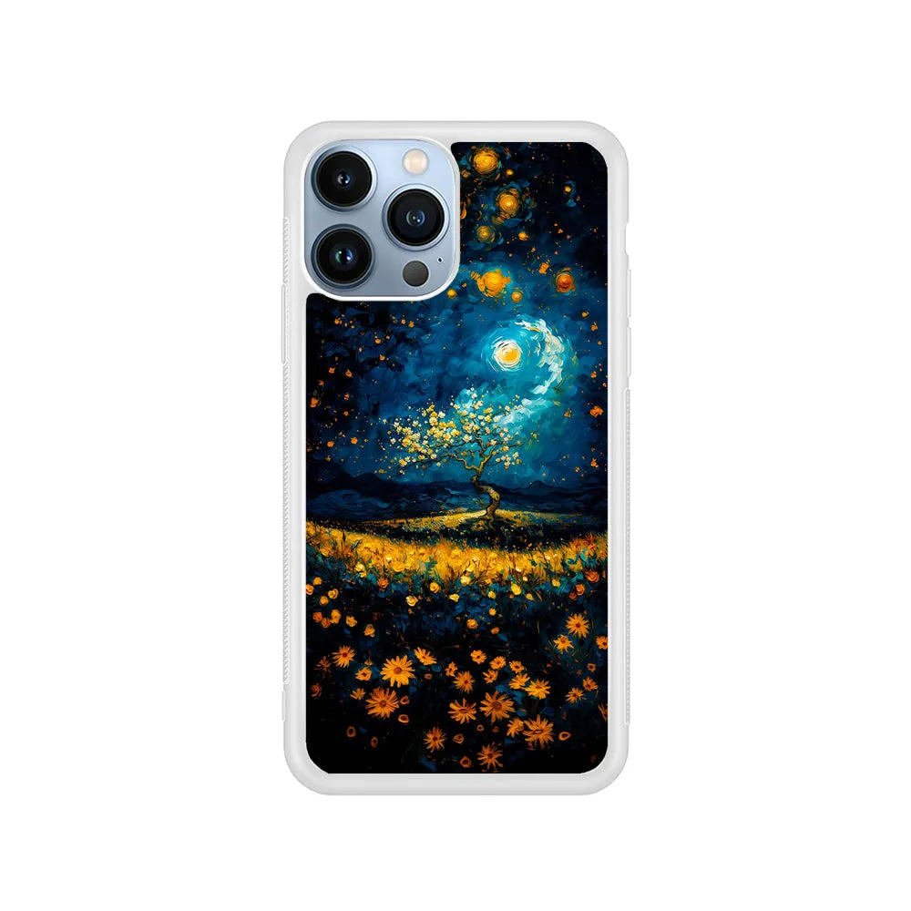 Starry Night Blossoms Painting iPhone 13 Pro Case-Rubber / White (2D Case)-Xtracase