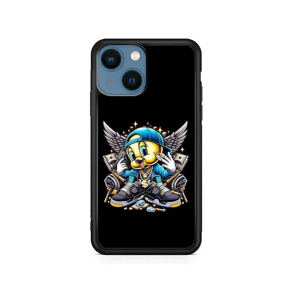 Tweety Bird Rich iPhone 13 Mini Case-Rubber / Black (2D Case)-Xtracase