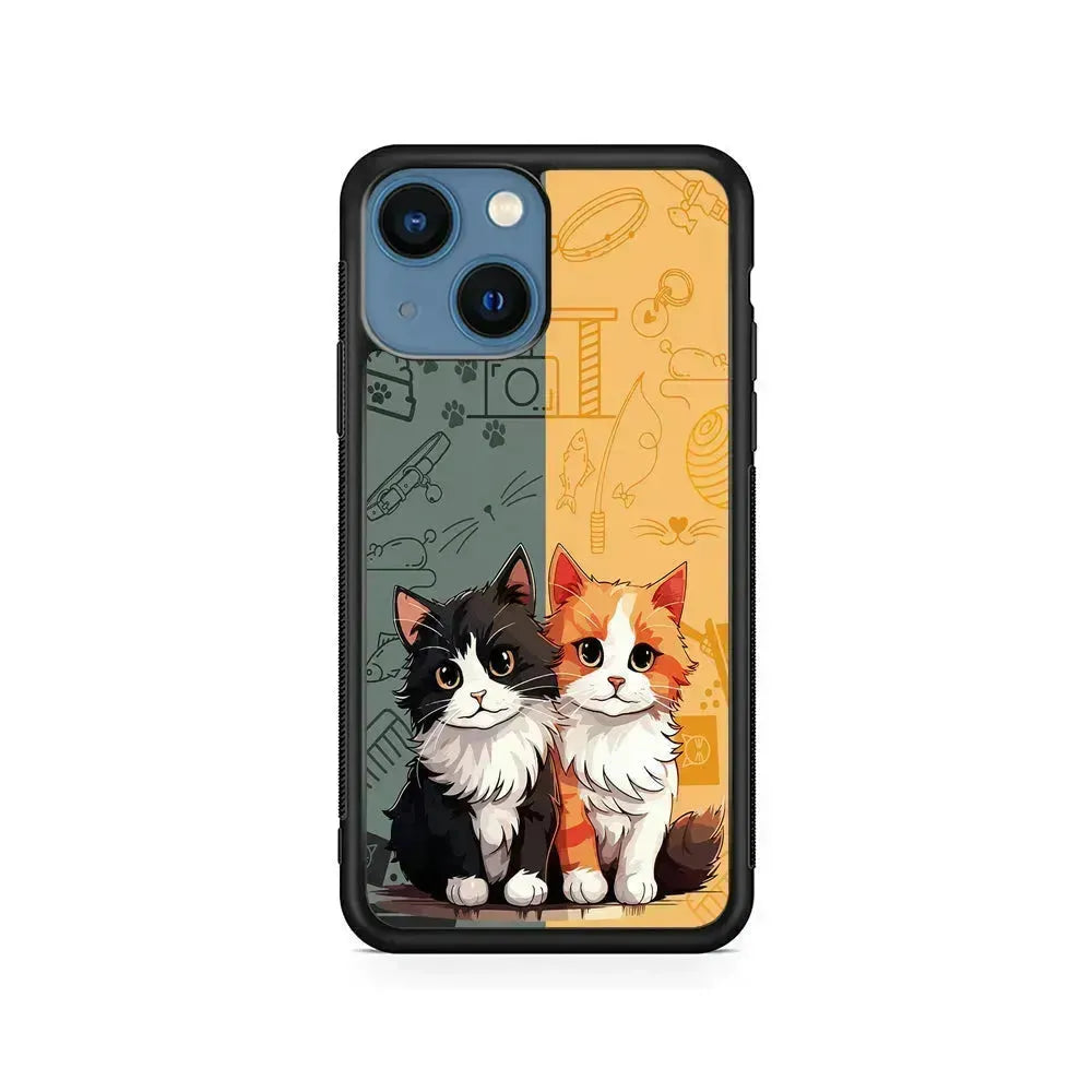 Two Cute Cats Kawai iPhone 13 Mini Case-Rubber / Black (2D Case)-Xtracase