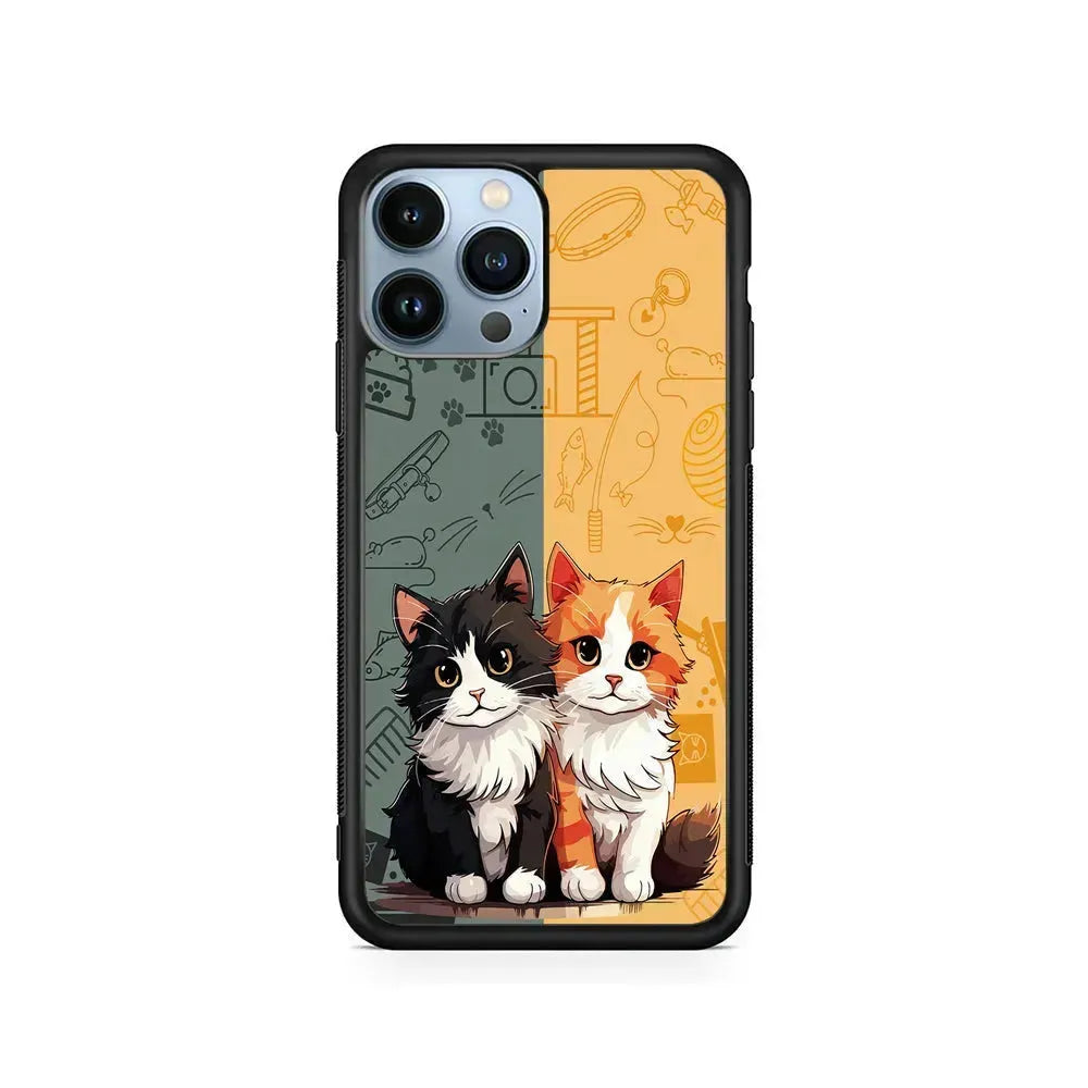 Two Cute Cats Kawai iPhone 15 Pro Max Case-Rubber / Black (2D Case)-Xtracase