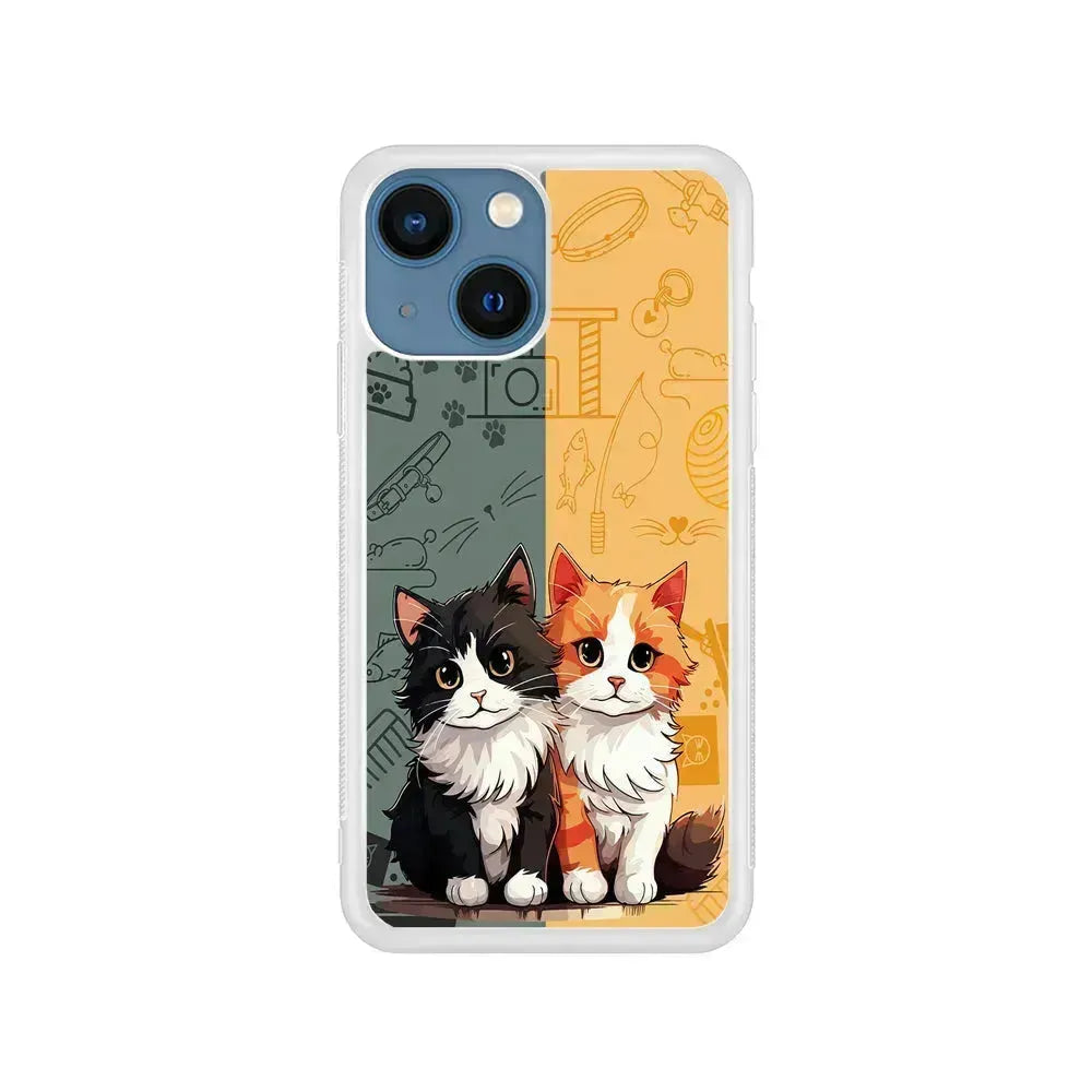 Two Cute Cats Kawai iPhone 13 Mini Case-Rubber / White (2D Case)-Xtracase