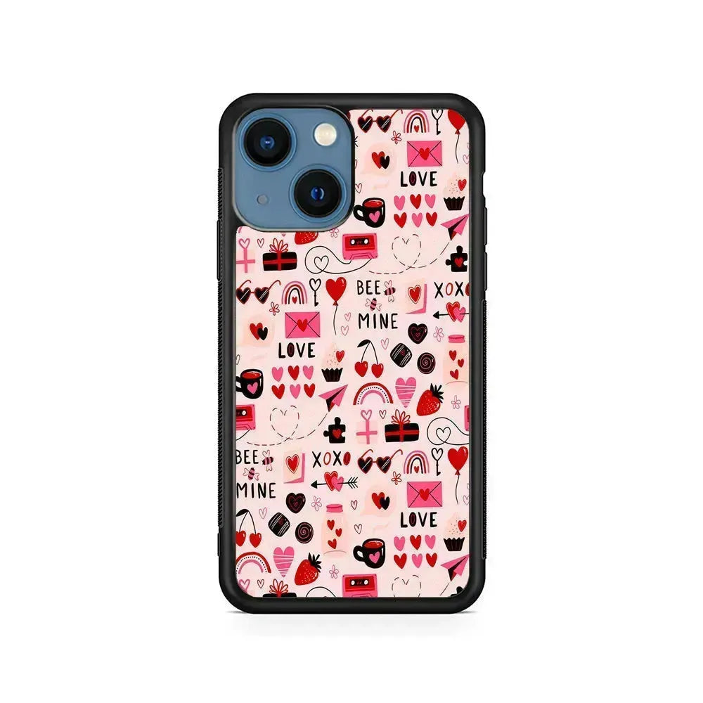 Valentine’s Day Love Pattern iPhone 13 Mini Case-Rubber / Black (2D Case)-Xtracase