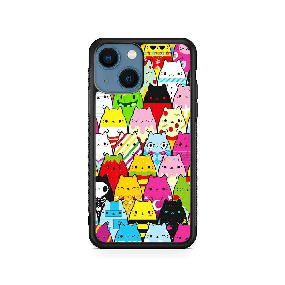 Various Cats Cartoon iPhone 13 Mini Case-Rubber / Black (2D Case)-Xtracase