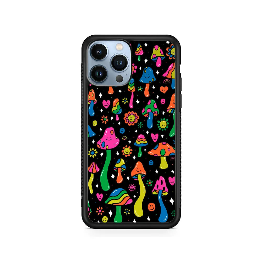 Various Mushrooms Smile Colorful iPhone 13 Pro Case-Rubber / Black (2D Case)-Xtracase