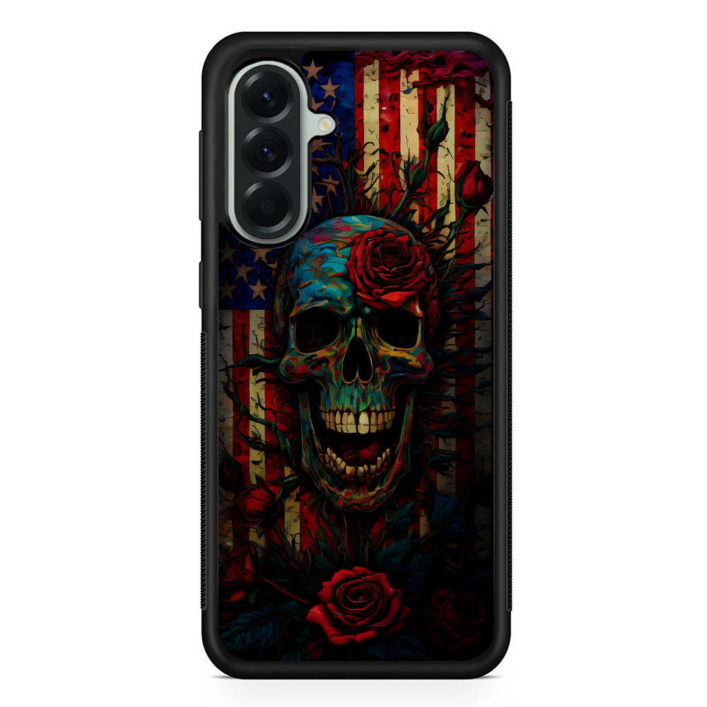 American Flag Skulls and Flower Samsung Galaxy A56 Case | Samsung Galaxy A56 Protective Rubber Case