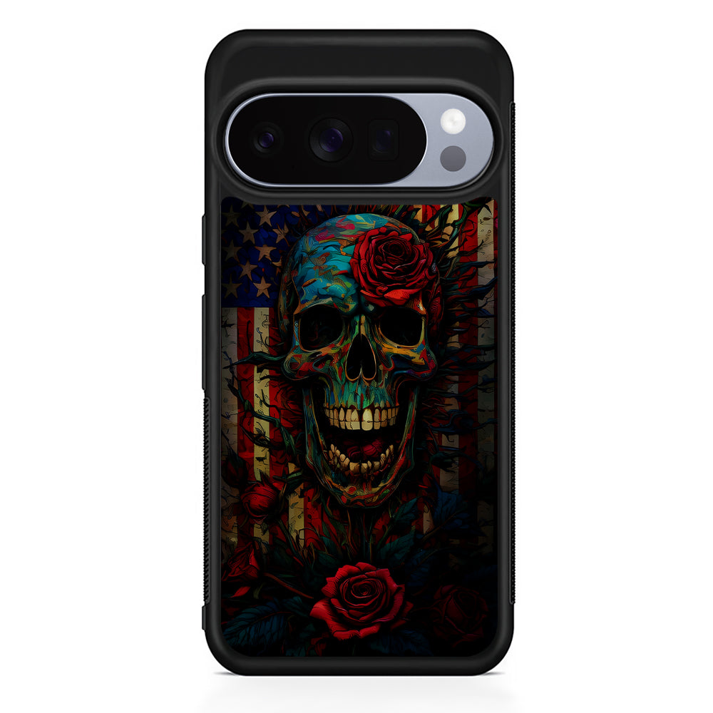 American Flag Skulls and Flower Google Pixel 10 Pro Case | Google Pixel 10 Rubber Protective Case
