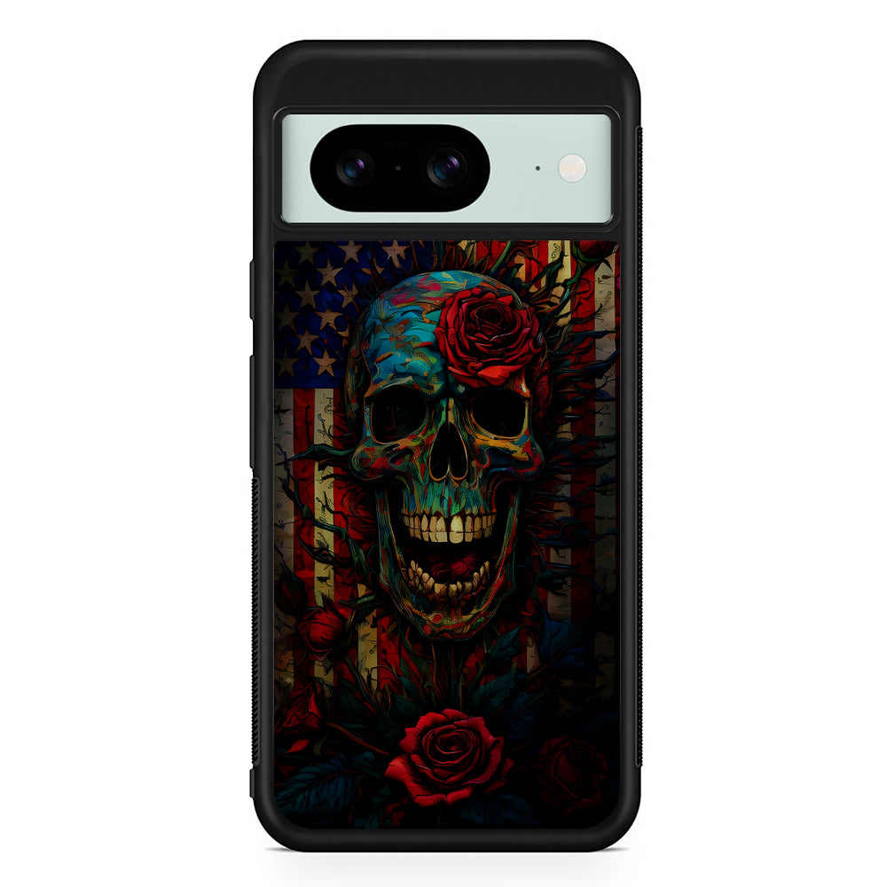 American Flag Skulls and Flower Google Pixel 8 Case | Durable Protective Cover for Google Pixel 8