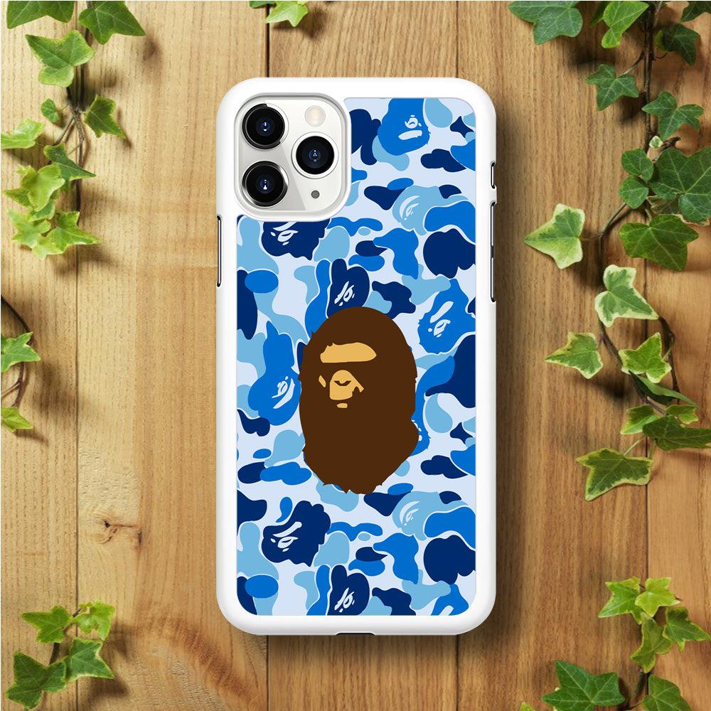 Camo Blue Head Monkey iPhone 11 Pro Max Case-Rubber / White (2D Case)-Xtracase