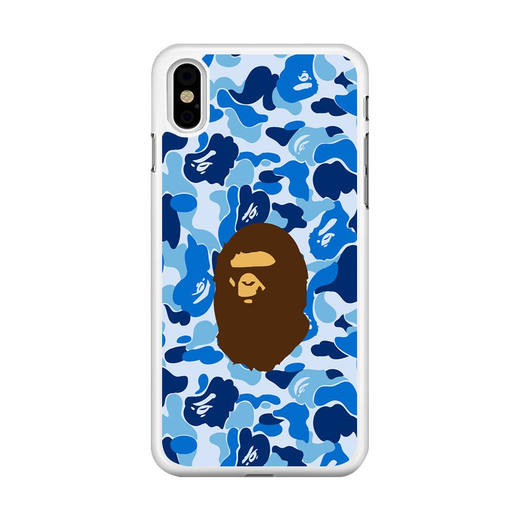 Camo Blue Head Monkey iPhone Xs Case-Rubber / White (2D Case)-Xtracase