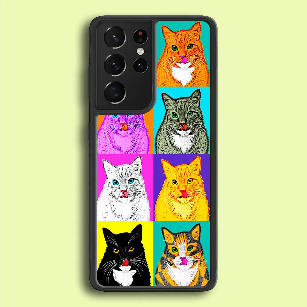 Cat Colorful Art Collage Samsung Galaxy S21 Ultra Case-Rubber / Black (2D Case)-Xtracase