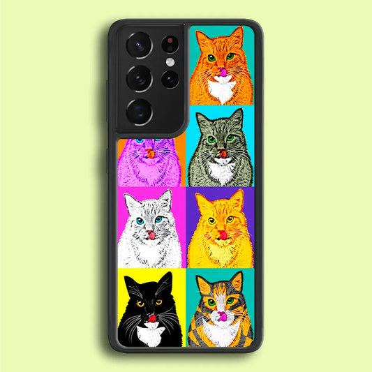 Cat Colorful Art Collage Samsung Galaxy S21 Ultra Case-Rubber / Black (2D Case)-Xtracase