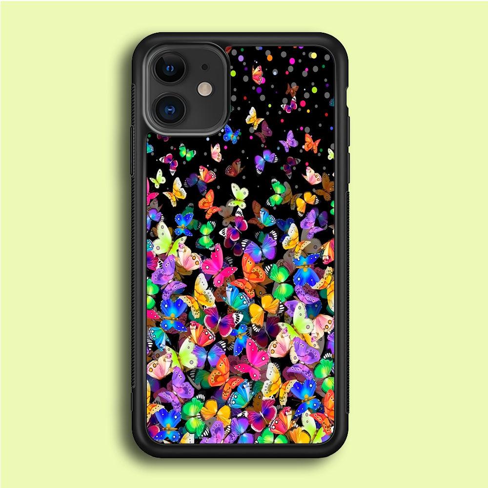 Colorfull Butterfly in The Dark iPhone 12 Mini Case-Rubber / Black (2D Case)-Xtracase