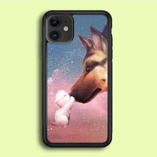 Cute Cat Kiss Dog iPhone 12 Mini Case-Rubber / Black (2D Case)-Xtracase