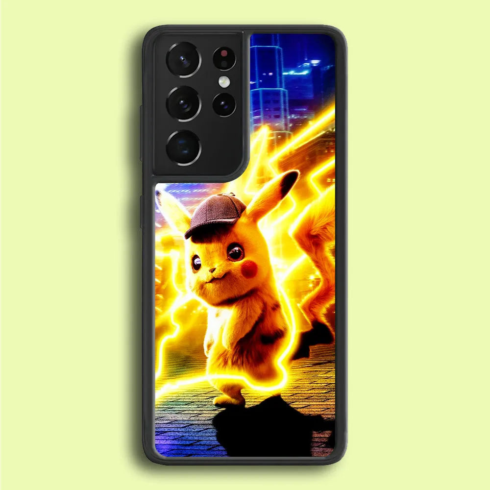 Cute Detective Pikachu Samsung Galaxy S21 Ultra Case-Rubber / Black (2D Case)-Xtracase