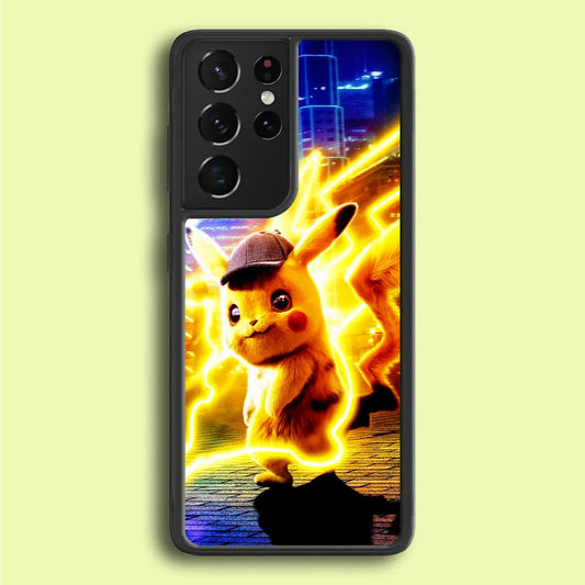 Cute Detective Pikachu Samsung Galaxy S21 Ultra Case-Rubber / Black (2D Case)-Xtracase