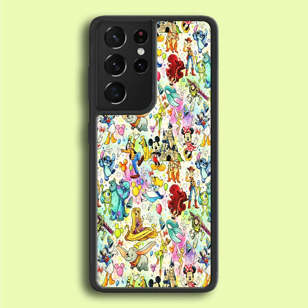 Cute Disney Characters Collage Samsung Galaxy S25 Ultra Case-Rubber / White (2D Case)-Xtracase