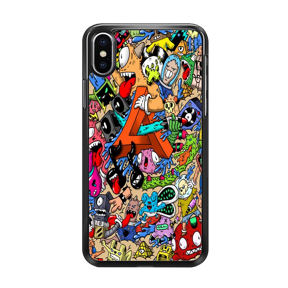 Doodle Art Unique Monsters iPhone Xs Case-Rubber / Black (2D Case)-Xtracase