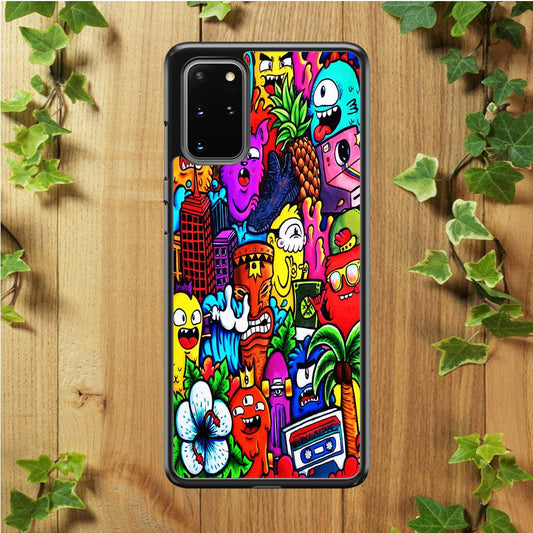 Doodle Cute Monsters Samsung Galaxy S20 Plus Case-Rubber / Black (2D Case)-Xtracase