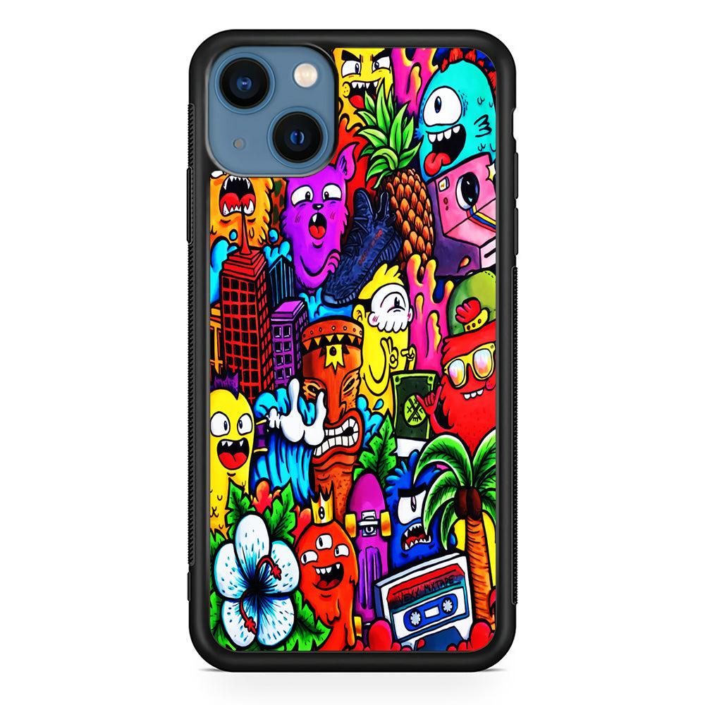 Doodle Cute Monsters iPhone 13 Mini Case-Rubber / Black (2D Case)-Xtracase