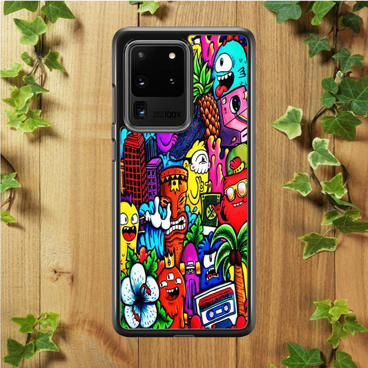 Doodle Cute Monsters Samsung Galaxy S20 Ultra Case-Rubber / Black (2D Case)-Xtracase