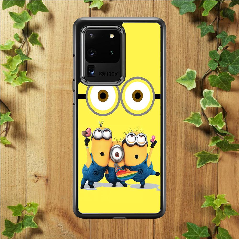 Eyes and Three Minions Samsung Galaxy S20 Ultra Case-Rubber / Black (2D Case)-Xtracase