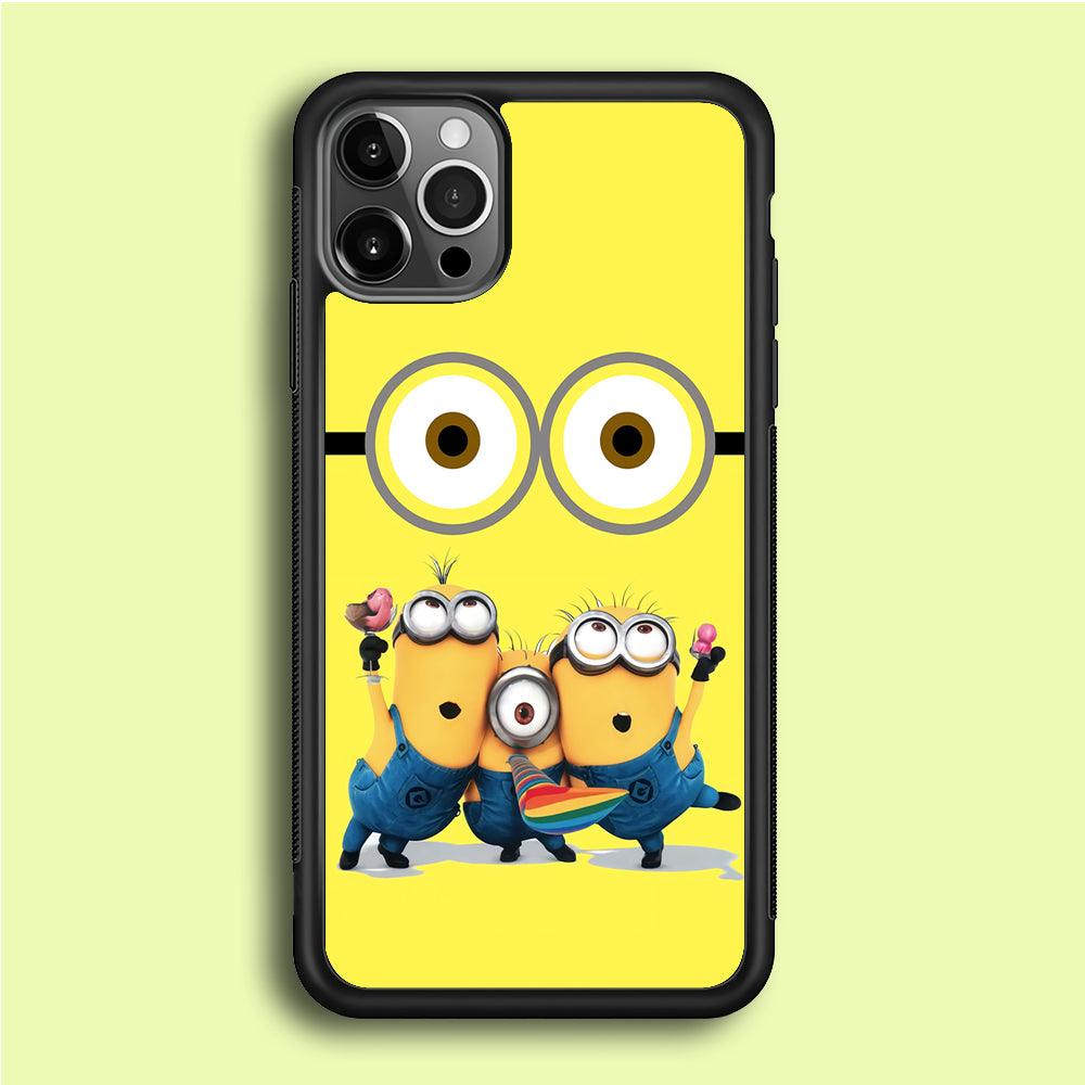 Eyes and Three Minions iPhone 12 Pro Case-Rubber / Black (2D Case)-Xtracase