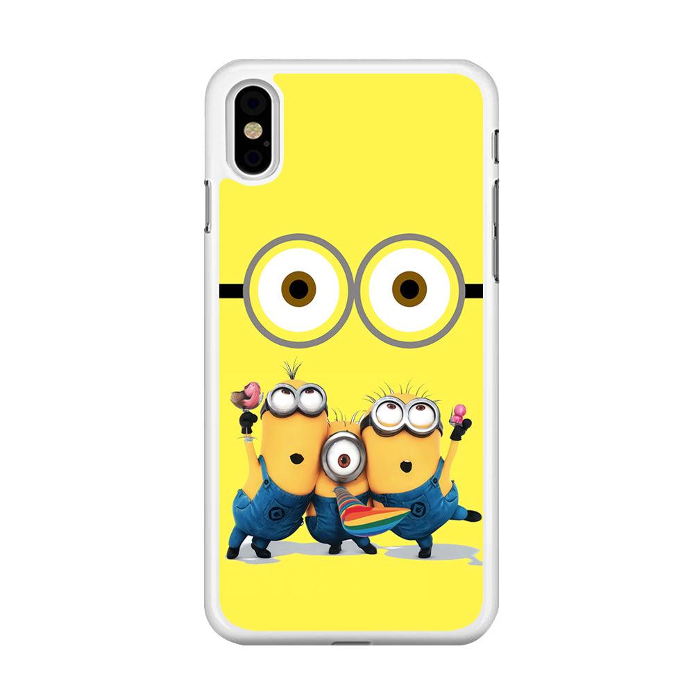 Eyes and Three Minions iPhone Xs Max Case-Rubber / White (2D Case)-Xtracase