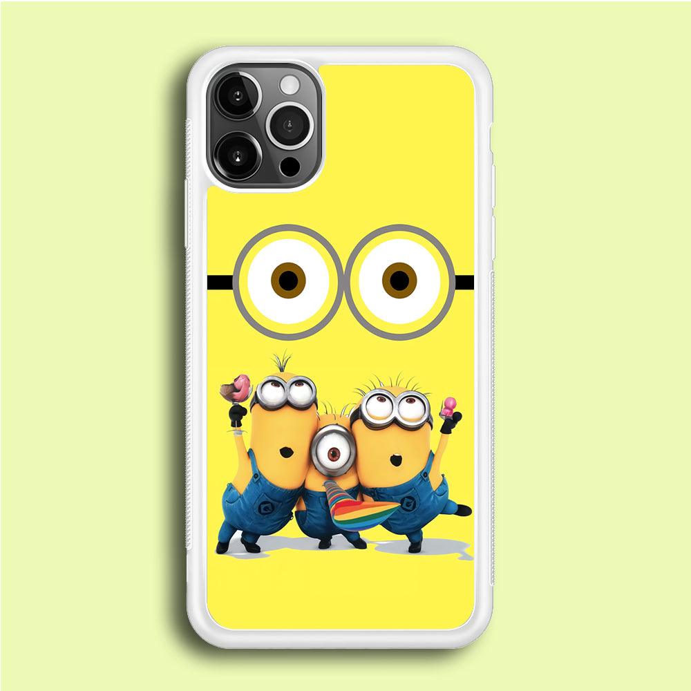 Eyes and Three Minions iPhone 12 Pro Case-Rubber / White (2D Case)-Xtracase