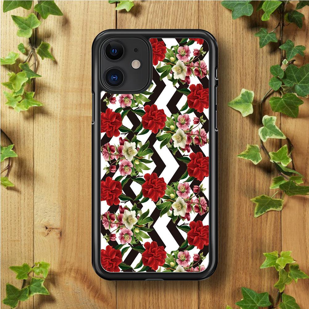 Flowers Zigzag Stripe iPhone 11 Case-Rubber / Black (2D Case)-Xtracase