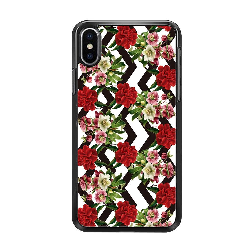 Flowers Zigzag Stripe iPhone Xs Case-Rubber / Black (2D Case)-Xtracase