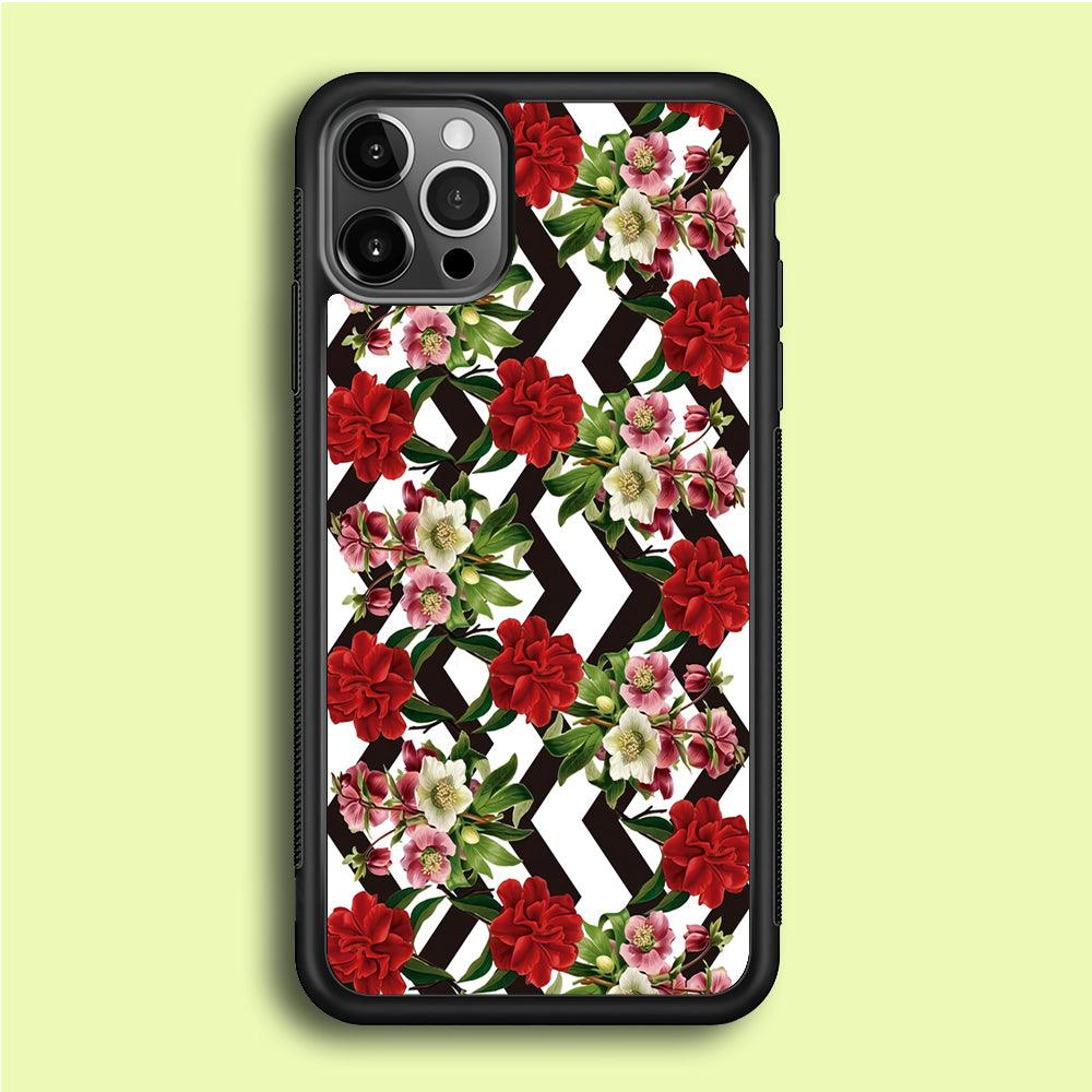 Flowers Zigzag Stripe iPhone 12 Pro Case-Rubber / Black (2D Case)-Xtracase