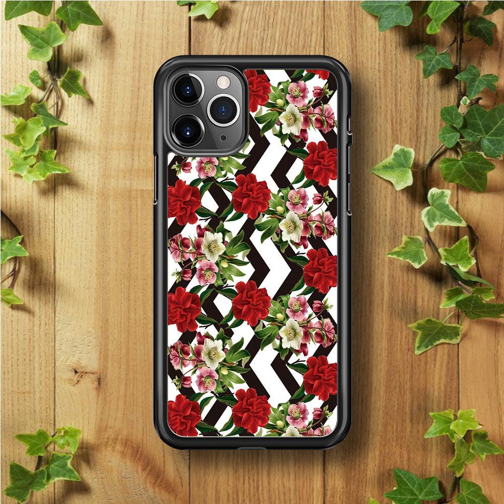 Flowers Zigzag Stripe iPhone 11 Pro Case-Rubber / Black (2D Case)-Xtracase