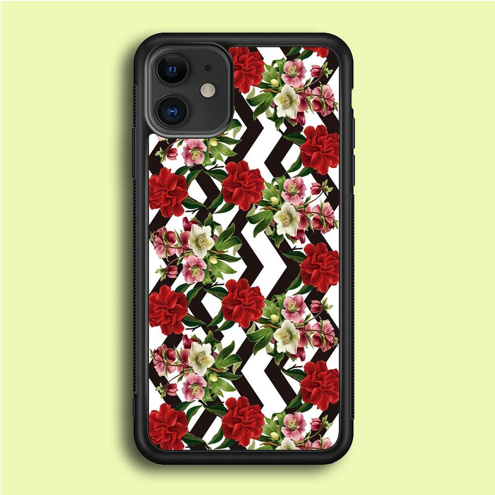 Flowers Zigzag Stripe iPhone 12 Case-Rubber / Black (2D Case)-Xtracase