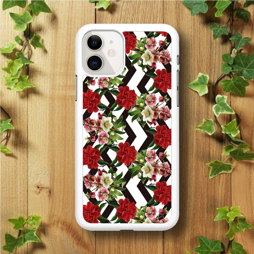 Flowers Zigzag Stripe iPhone 11 Case-Rubber / White (2D Case)-Xtracase