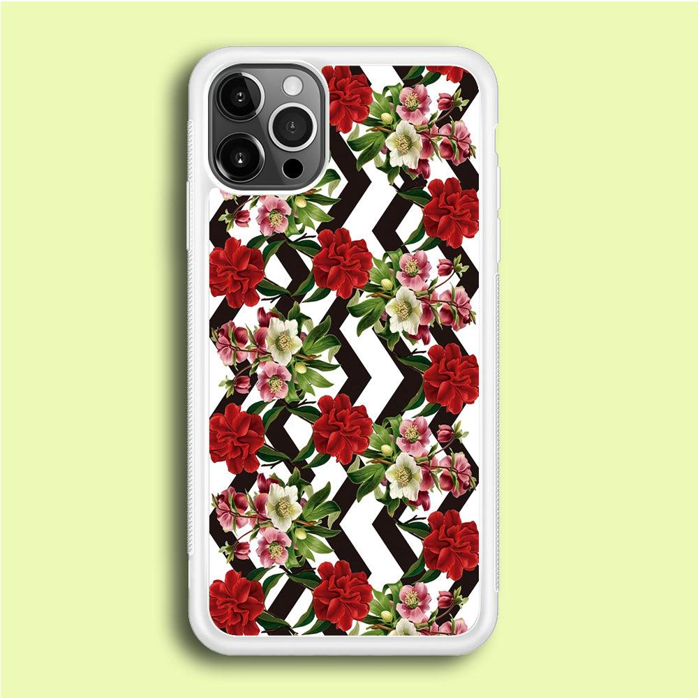 Flowers Zigzag Stripe iPhone 12 Pro Case-Rubber / White (2D Case)-Xtracase
