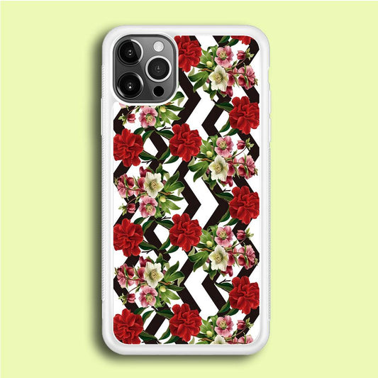 Flowers Zigzag Stripe iPhone 12 Pro Case-Rubber / White (2D Case)-Xtracase