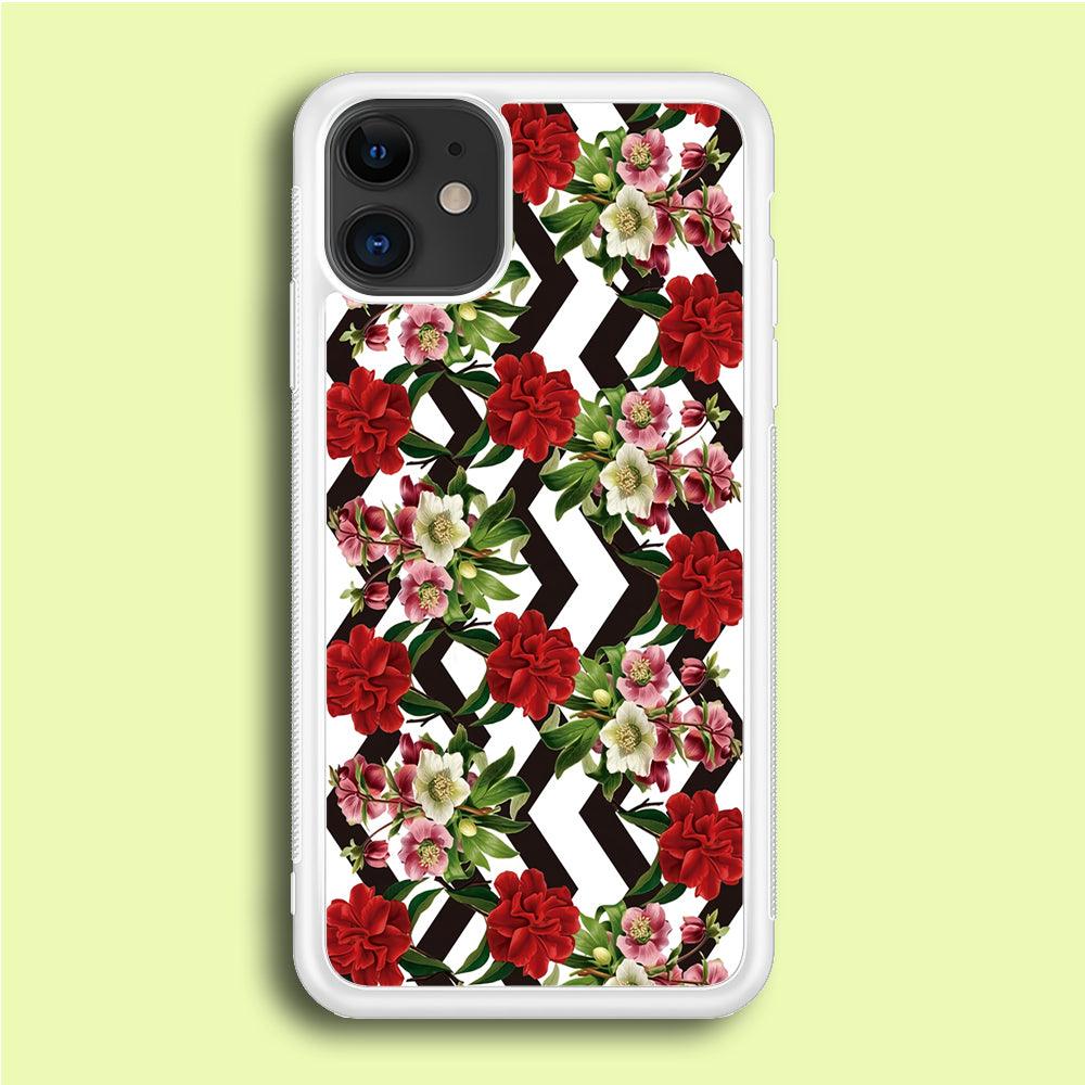Flowers Zigzag Stripe iPhone 12 Case-Rubber / White (2D Case)-Xtracase