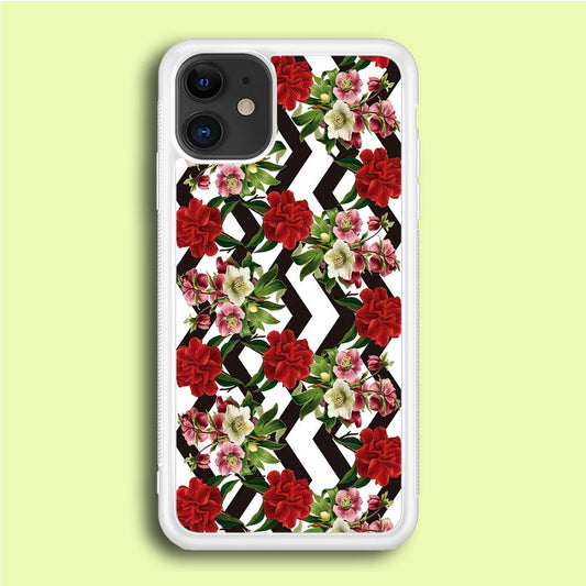 Flowers Zigzag Stripe iPhone 12 Case-Rubber / White (2D Case)-Xtracase
