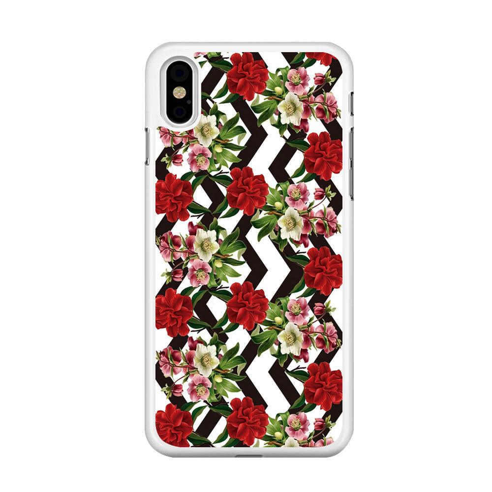 Flowers Zigzag Stripe iPhone Xs Case-Rubber / White (2D Case)-Xtracase