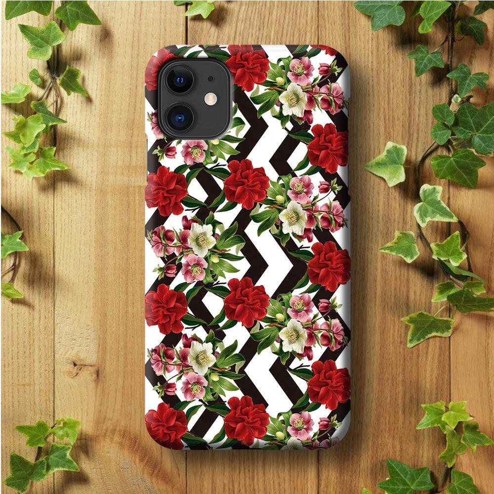 Flowers Zigzag Stripe iPhone 11 Case-Plastic / Full Wrap (3D Case)-Xtracase