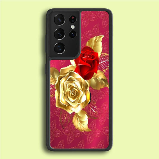 Girly Golden and Red Roses Samsung Galaxy S21 Ultra Case-Rubber / Black (2D Case)-Xtracase