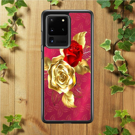 Girly Golden and Red Roses Samsung Galaxy S20 Ultra Case-Rubber / Black (2D Case)-Xtracase