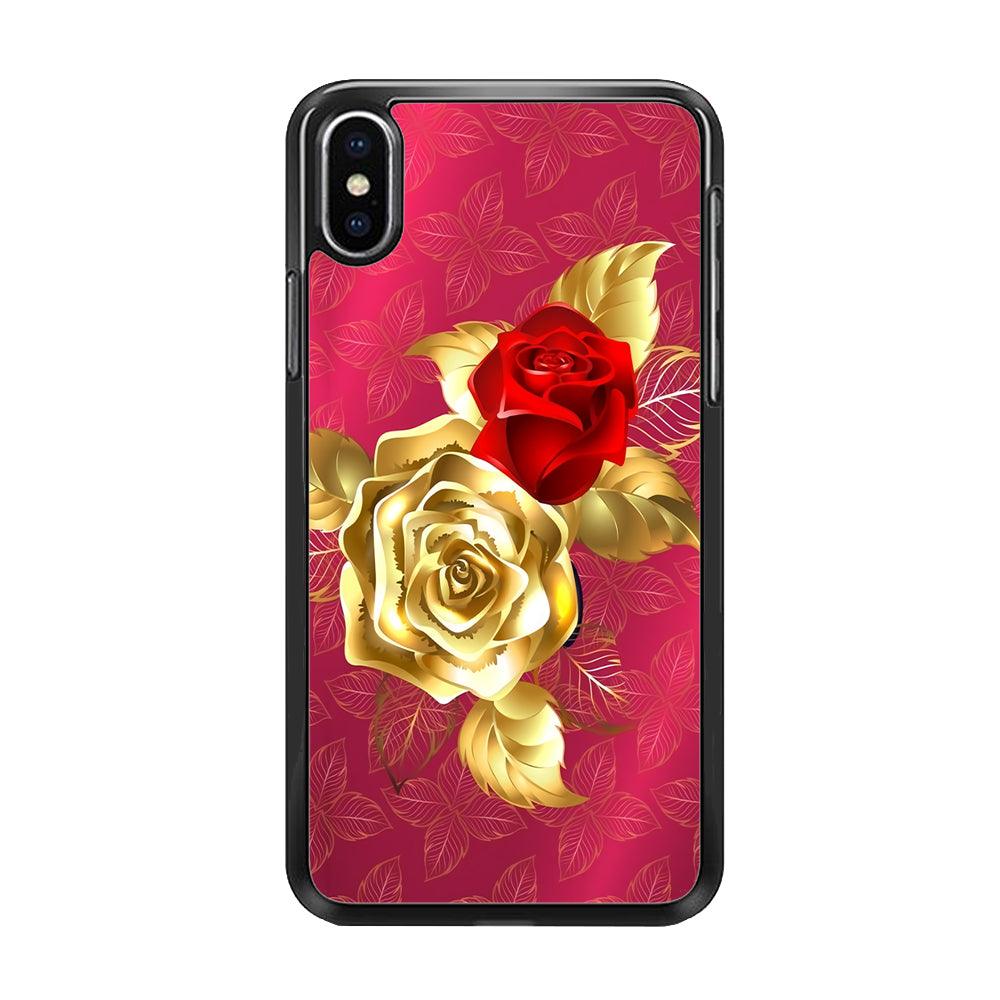 Girly Golden and Red Roses iPhone Xs Case-Rubber / Black (2D Case)-Xtracase