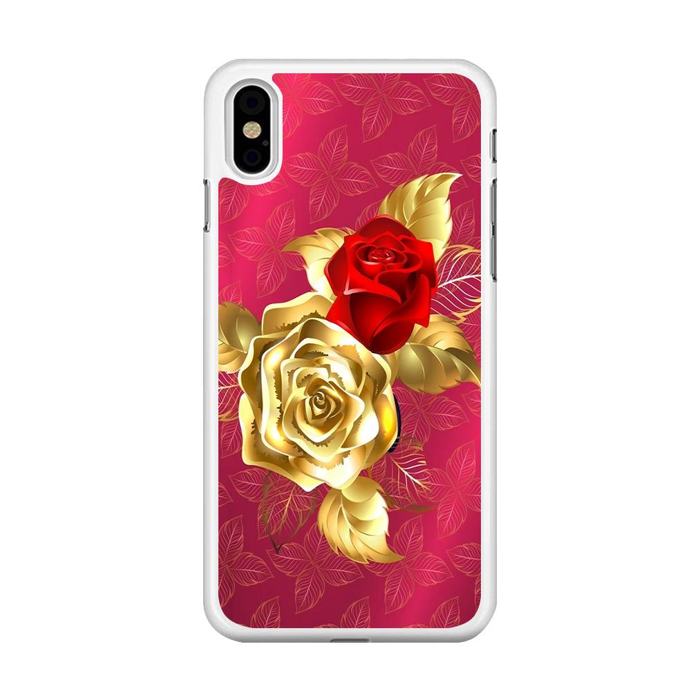 Girly Golden and Red Roses iPhone Xs Case-Rubber / White (2D Case)-Xtracase