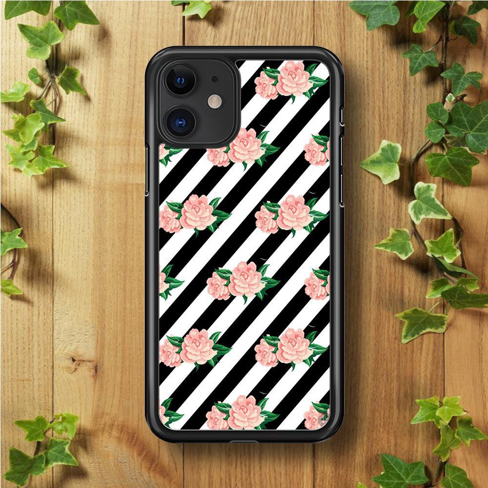 Girly Pink Rose Black Stripe iPhone 11 Case-Rubber / Black (2D Case)-Xtracase