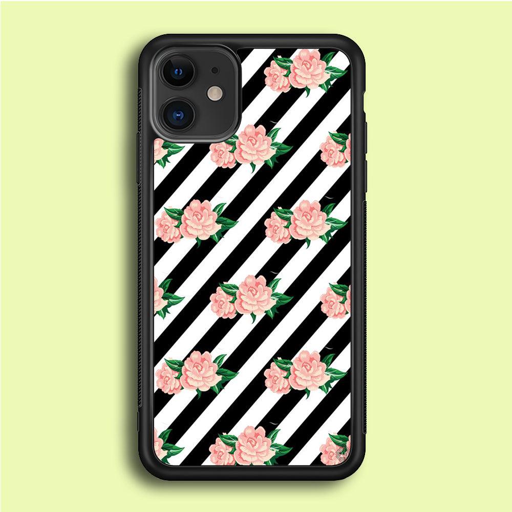 Girly Pink Rose Black Stripe iPhone 12 Case-Rubber / Black (2D Case)-Xtracase