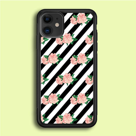 Girly Pink Rose Black Stripe iPhone 12 Case-Rubber / Black (2D Case)-Xtracase